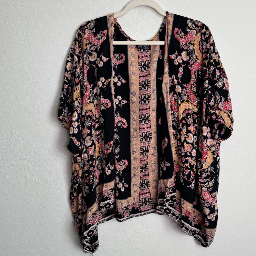 Angie Womens‎ Paisley Floral Open Front Kimono Cardigan Black Boho Oversized